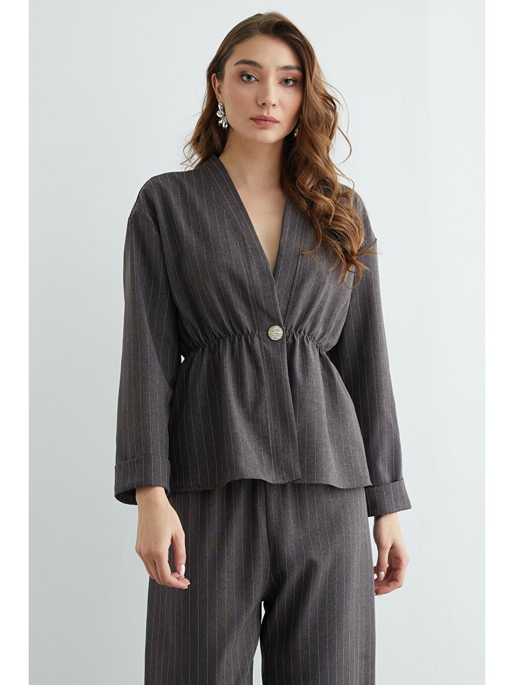 Antrasit Çizgili Beli Lastikli Blazer 2 Li Takım-4