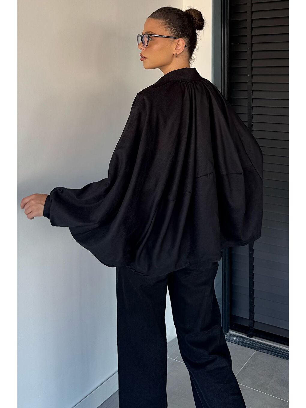 Siyah Kadın Yarasa Kol Oversize Süet Ceket-3