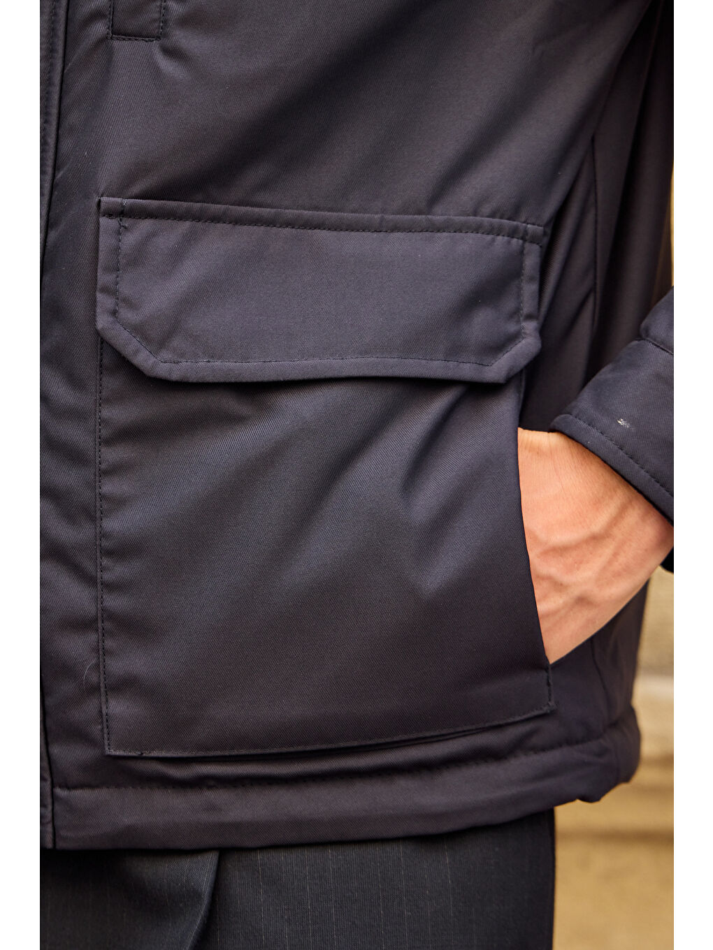 Erkek Kontrast Yakalı Mont Ceket Lacivert-6