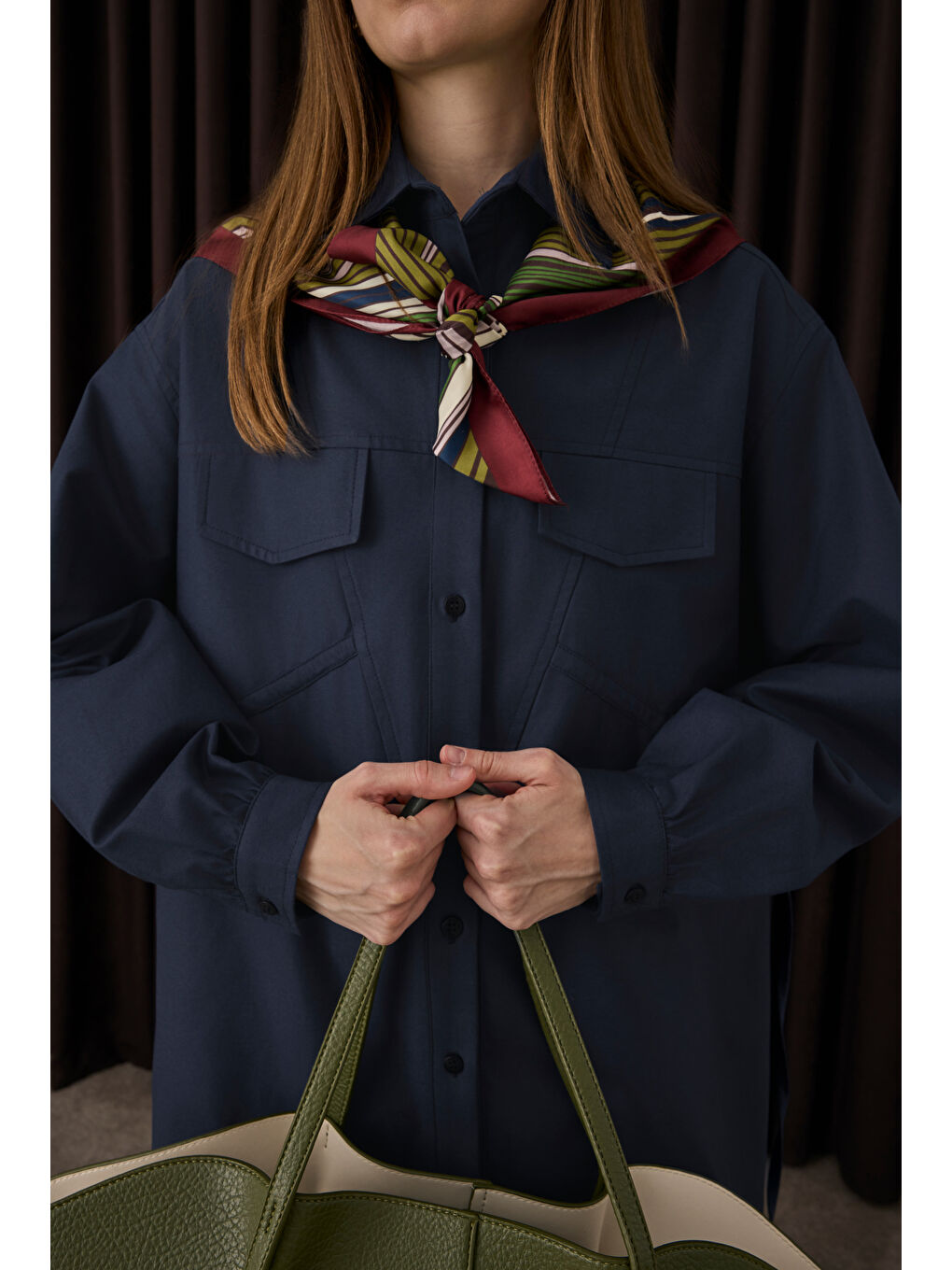 Uzun Büzgü Detaylı Gömlek Koyu Lacivert-2