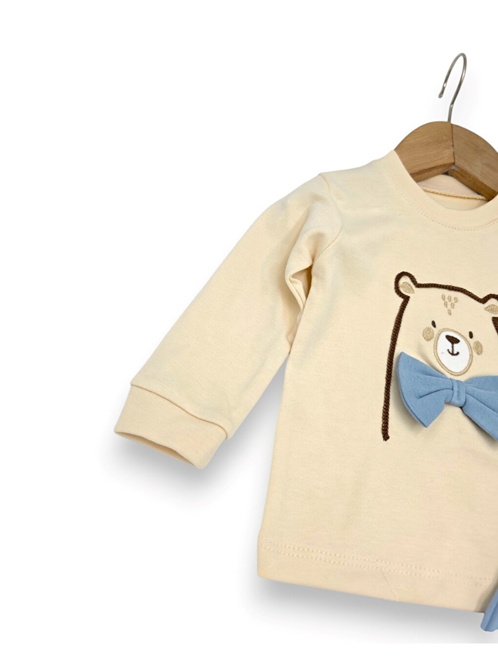Mavi Erkek Bebek Papyonlu Ayıcık Nakışlı 2'li Sweatshirlü Takım-1