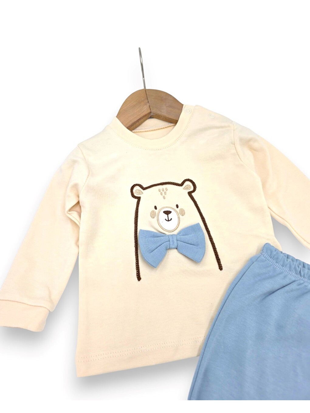 Mavi Erkek Bebek Papyonlu Ayıcık Nakışlı 2'li Sweatshirlü Takım-2
