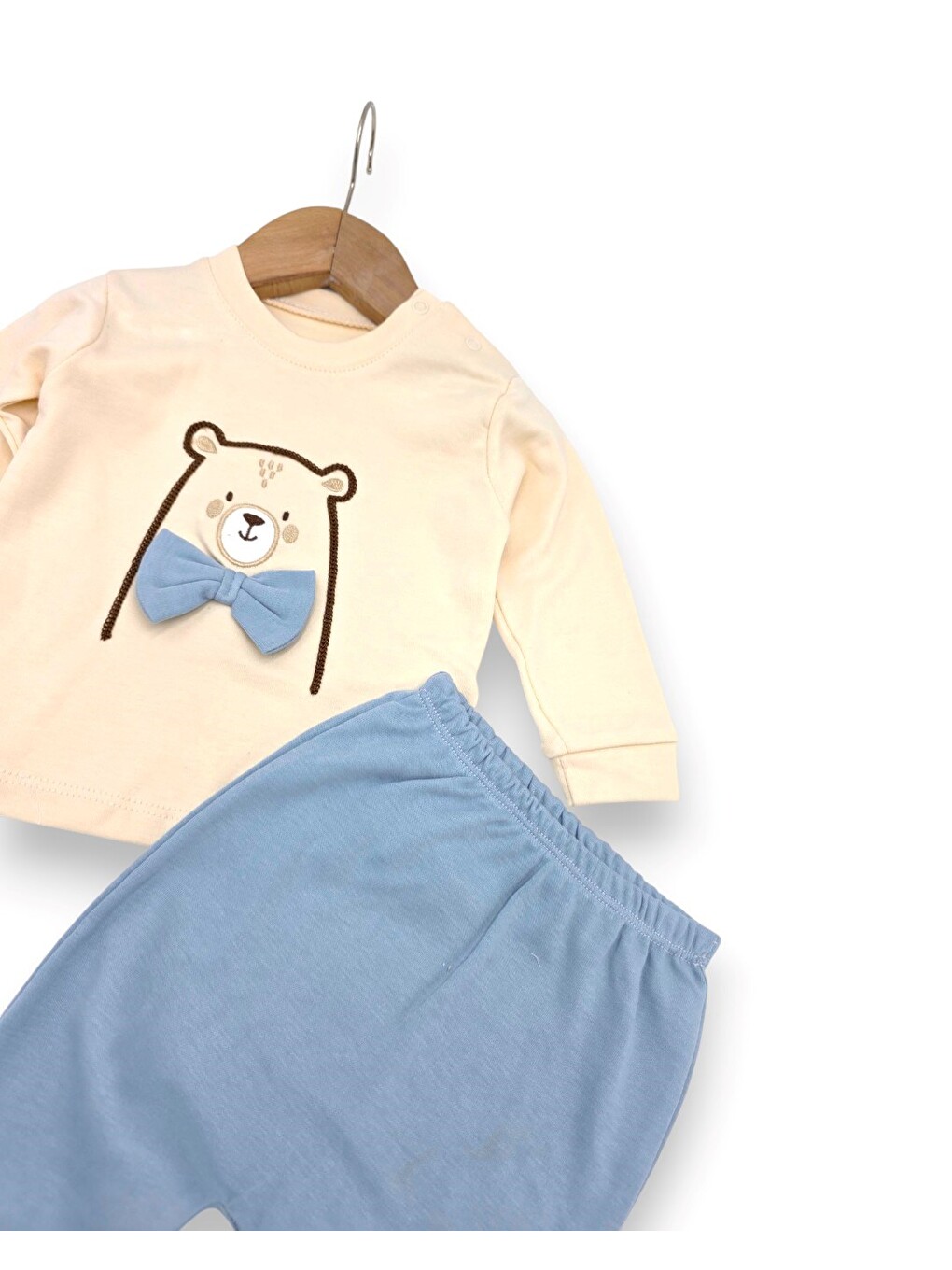 Mavi Erkek Bebek Papyonlu Ayıcık Nakışlı 2'li Sweatshirlü Takım-3