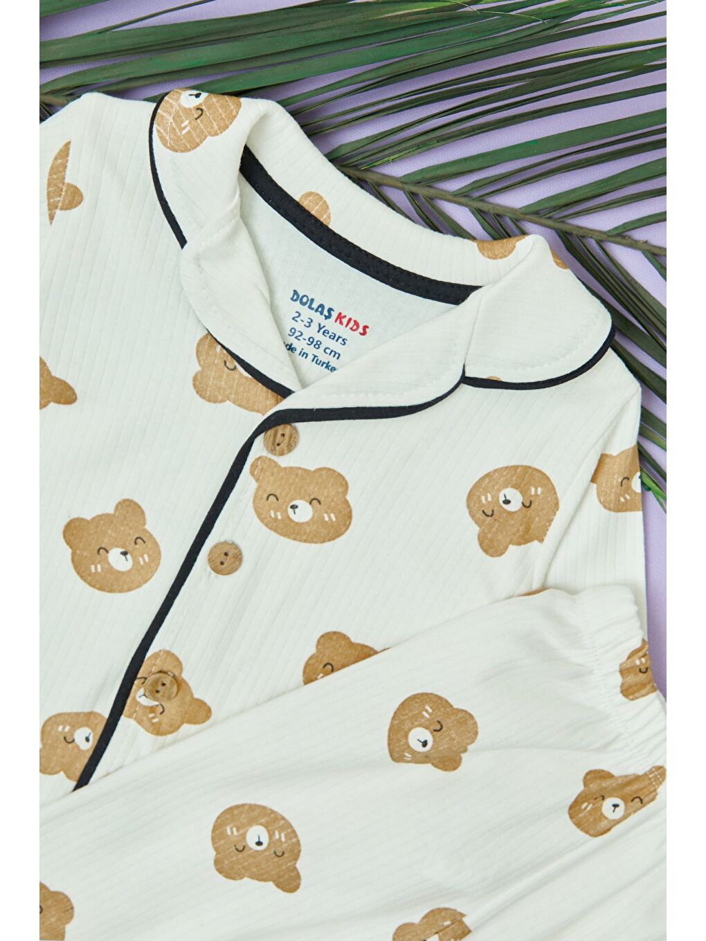 Kahverengi Ayıcık Baskılı Fitilli Unisex Çocuk Pijama Takımı-1