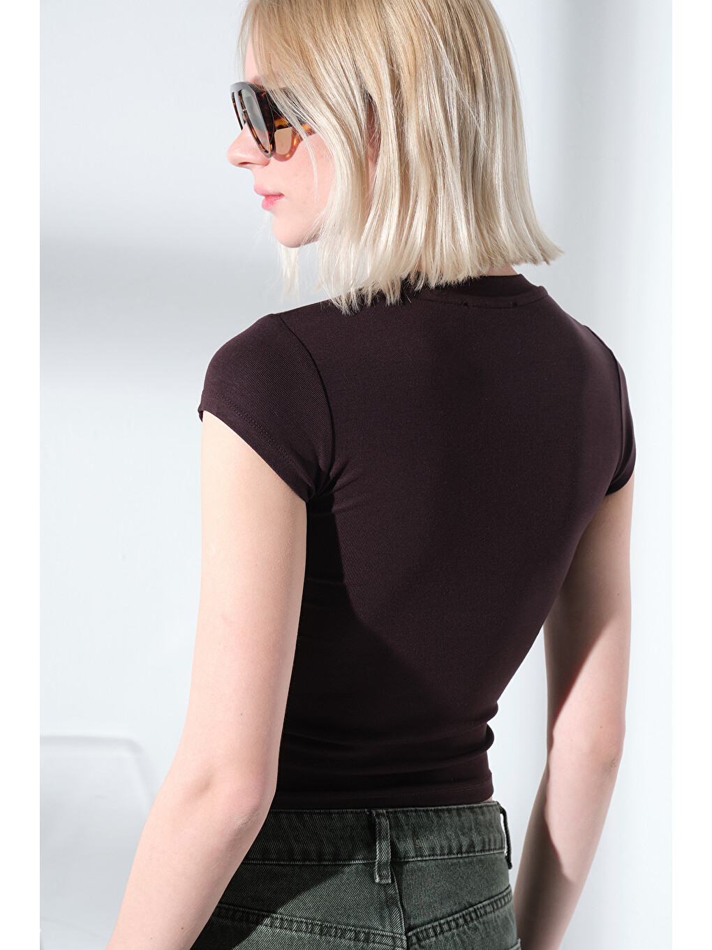 Kahverengi Bisiklet Yaka Soft Touch Premium Ay Kol Örme Body Bluz @Adige-4