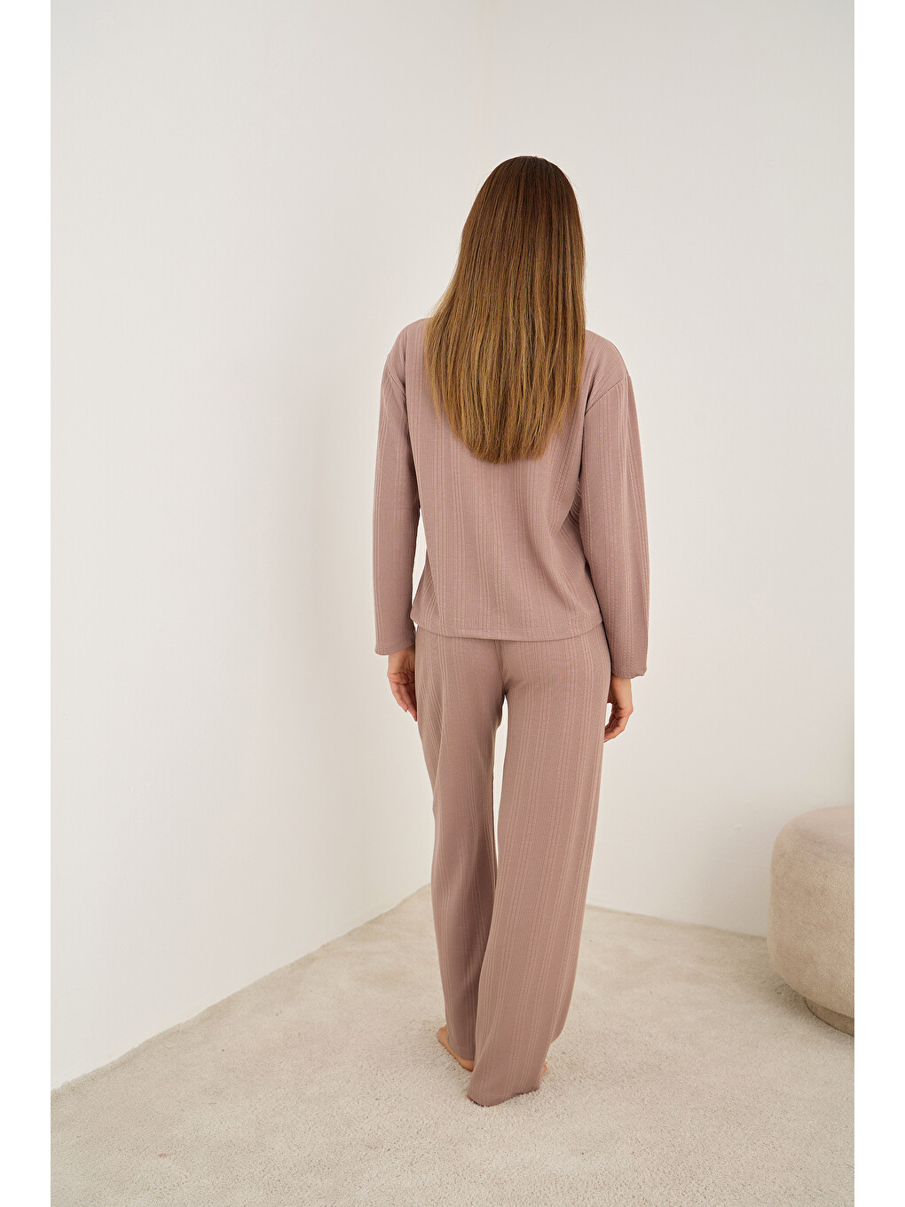 Bej Vizon Kalp Nakışlı Fitilli Yumuşak Tuşe Örme Pijama Takım-2