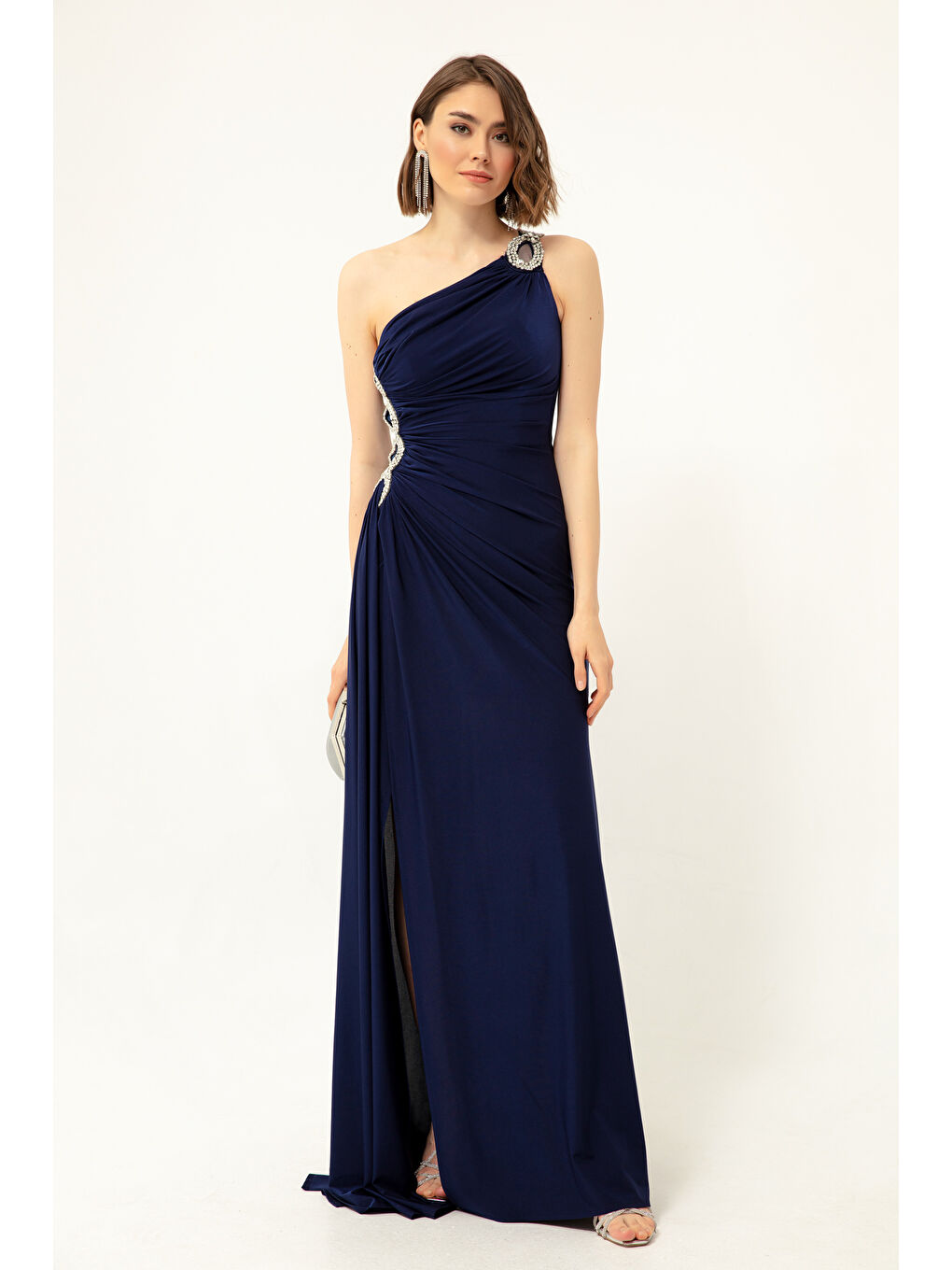 Kadın Lacivert Tek Omuzlu Taşlı Uzun Abiye Elbise-2