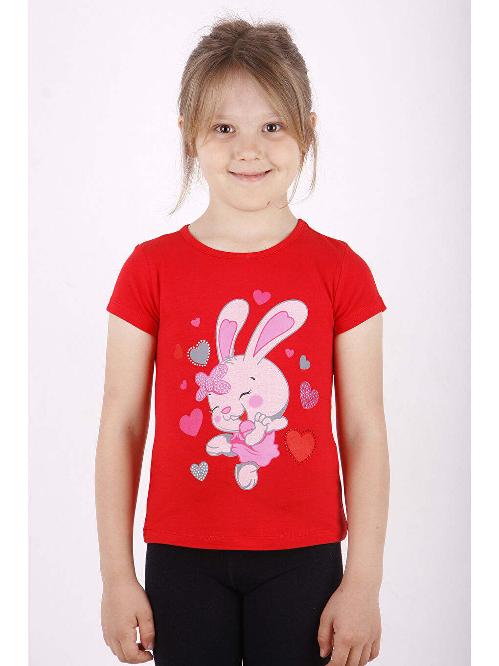 Kırmızı Kız Çocuk Kalpli Tavşan Baskılı Tişört