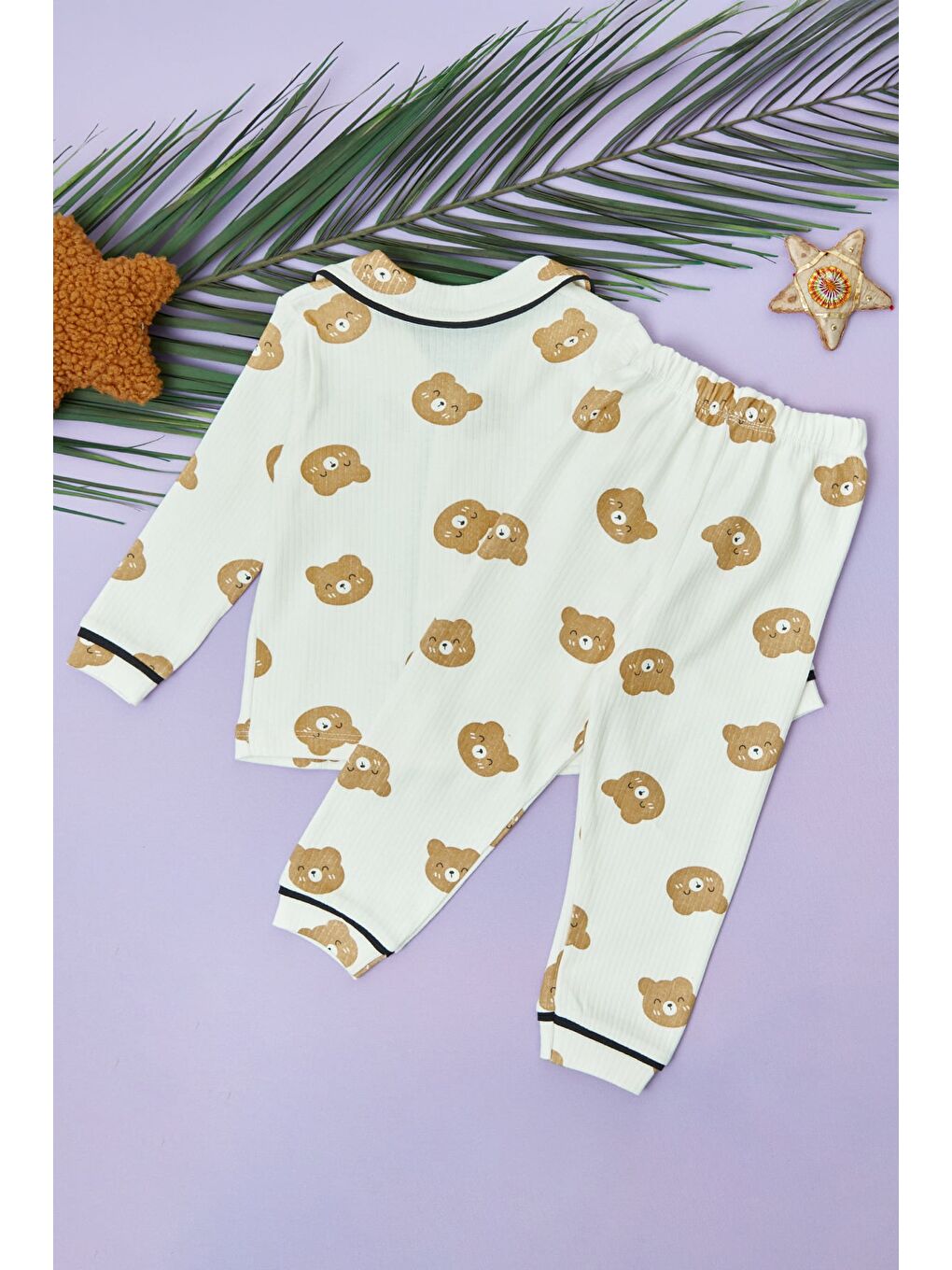 Kahverengi Ayıcık Baskılı Fitilli Unisex Çocuk Pijama Takımı-2