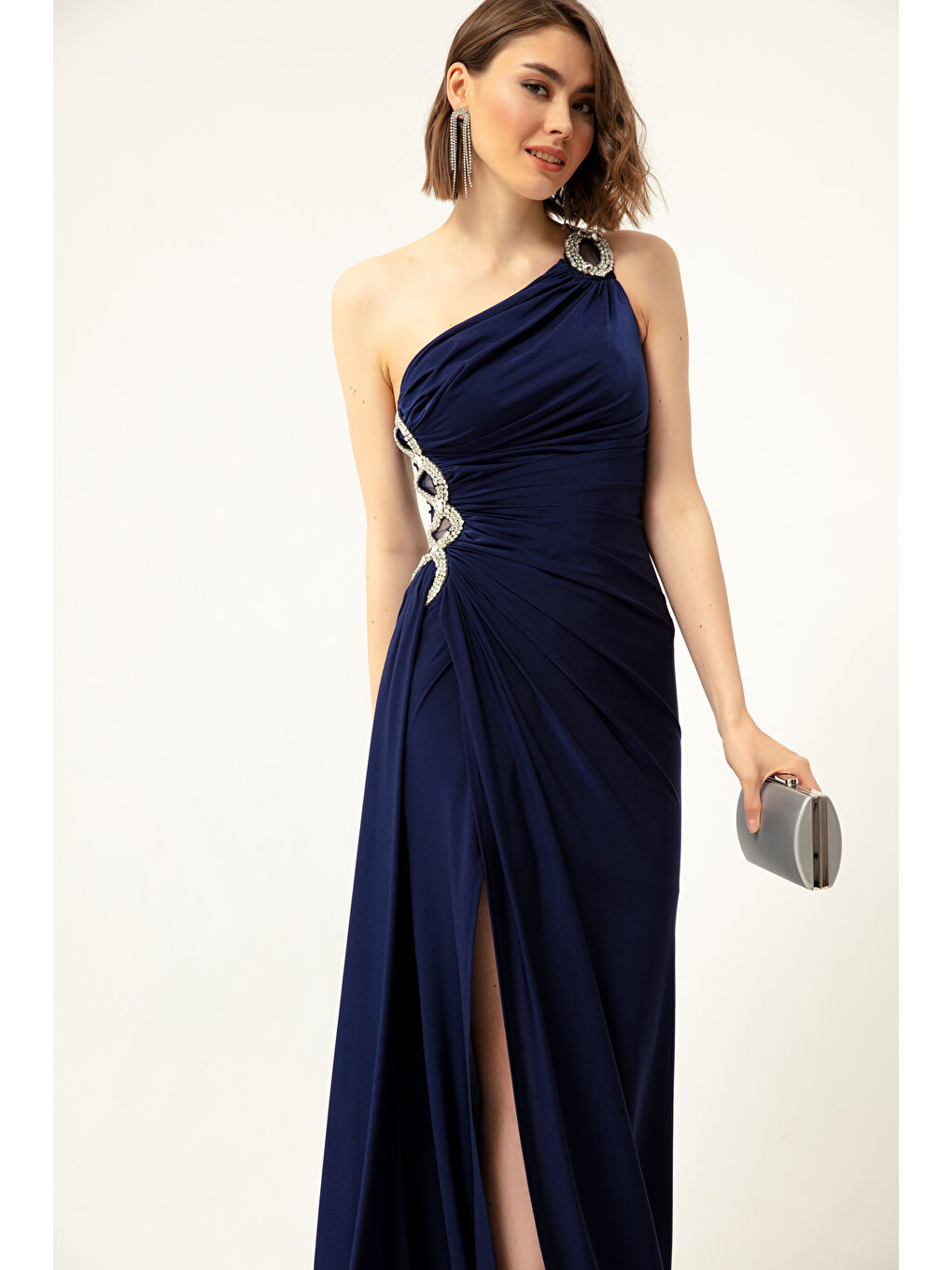Kadın Lacivert Tek Omuzlu Taşlı Uzun Abiye Elbise-3