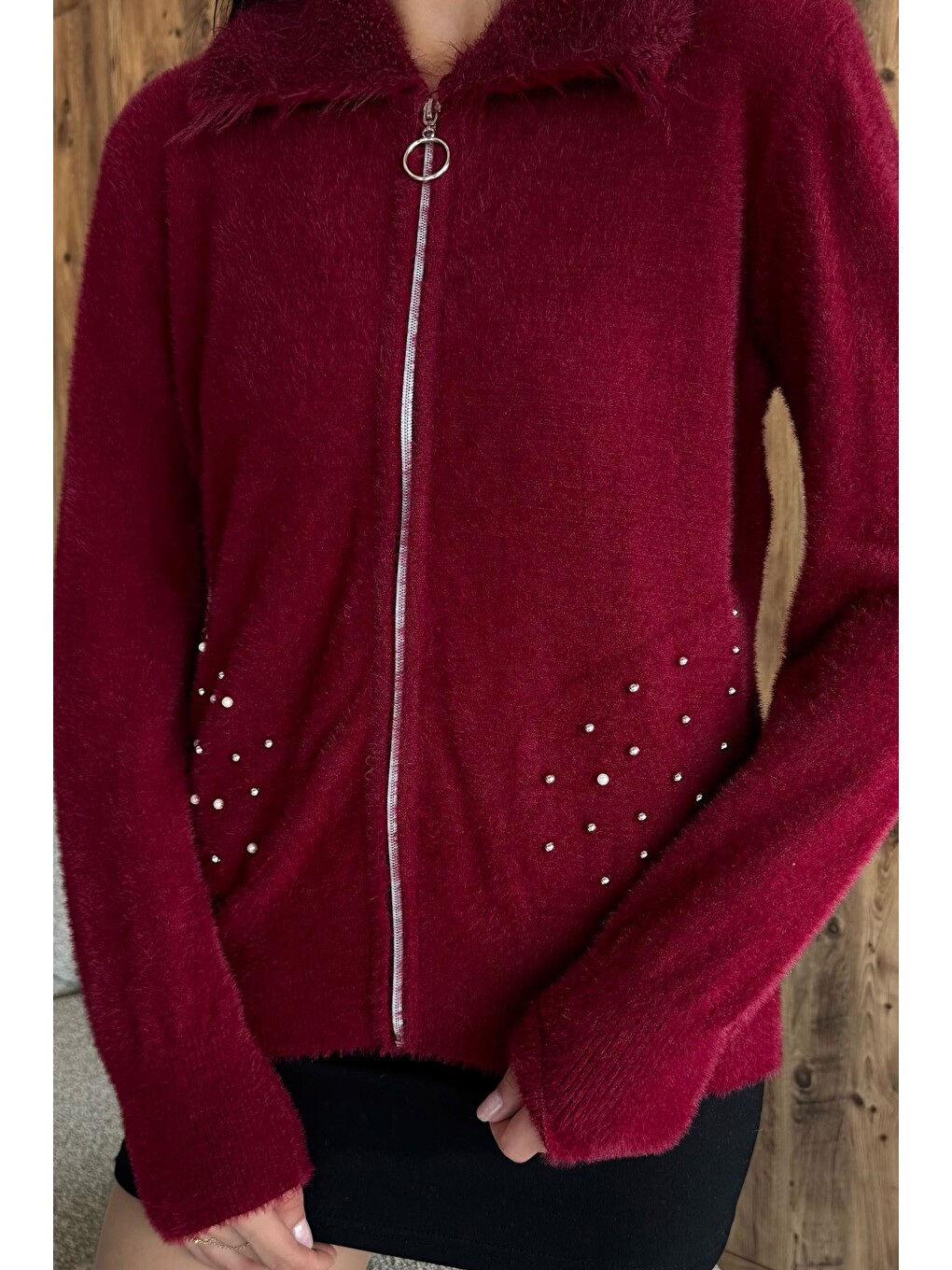 Bordo Cep Boncuklu Şardonlu Triko Ceket (s,m,l,xl Uyumludur)
