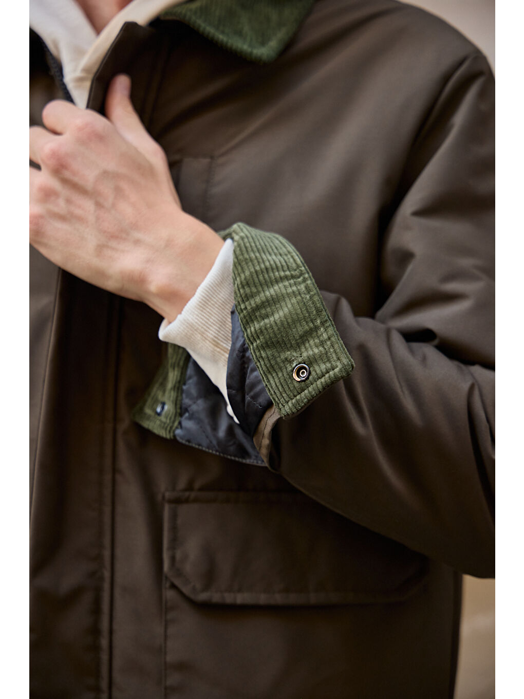 Erkek Kontrast Yakalı Mont Ceket Haki-6