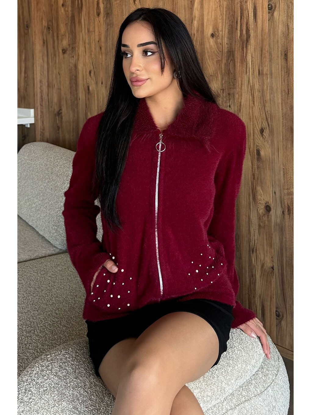 Bordo Cep Boncuklu Şardonlu Triko Ceket (s,m,l,xl Uyumludur)-1