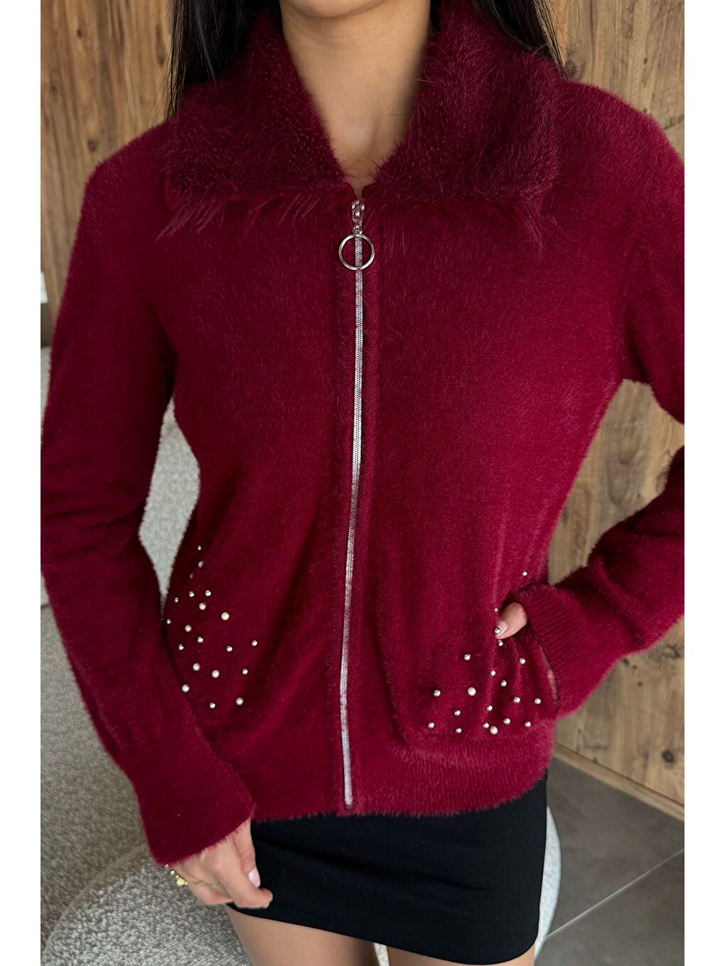 Bordo Cep Boncuklu Şardonlu Triko Ceket (s,m,l,xl Uyumludur)-2