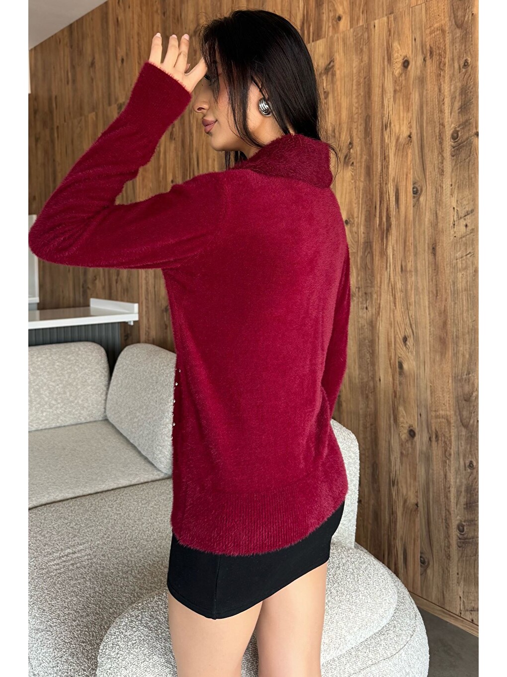 Bordo Cep Boncuklu Şardonlu Triko Ceket (s,m,l,xl Uyumludur)-3