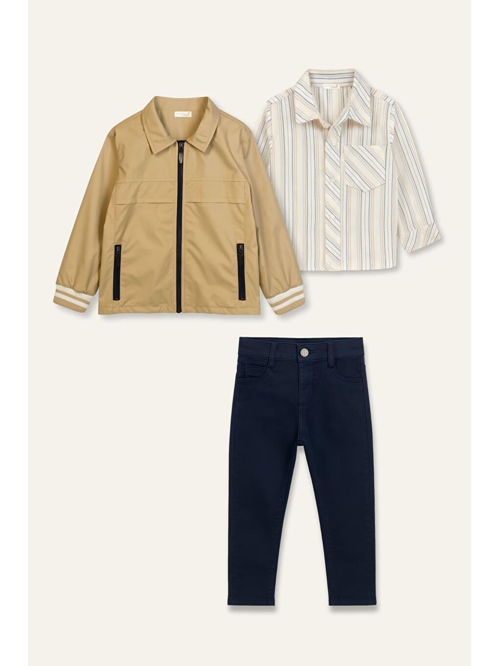 Erkek Çocuk Rüzgarlık Detaylı 3'Lü Takım - Bej-1