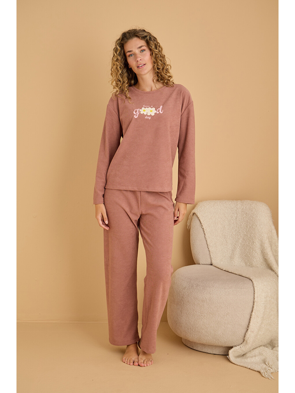 Pembe Pudra Nakışlı Havlu Kumaş Örme Pijama Takım25226008-1
