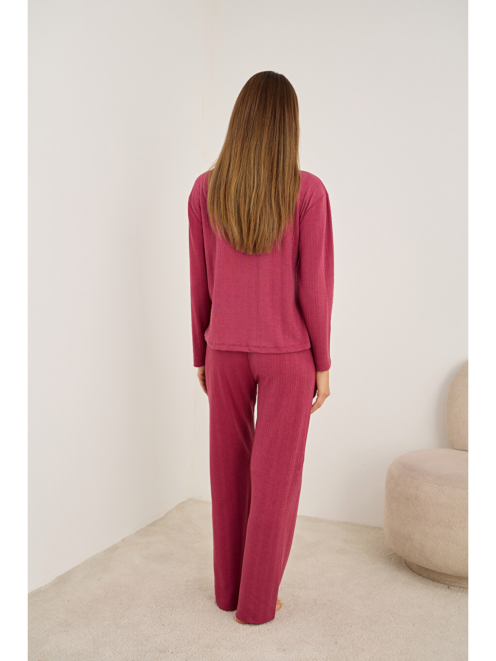 Kırmızı Vişne Kalp Nakışlı Fitilli Yumuşak Tuşe Örme Pijama Takım-2