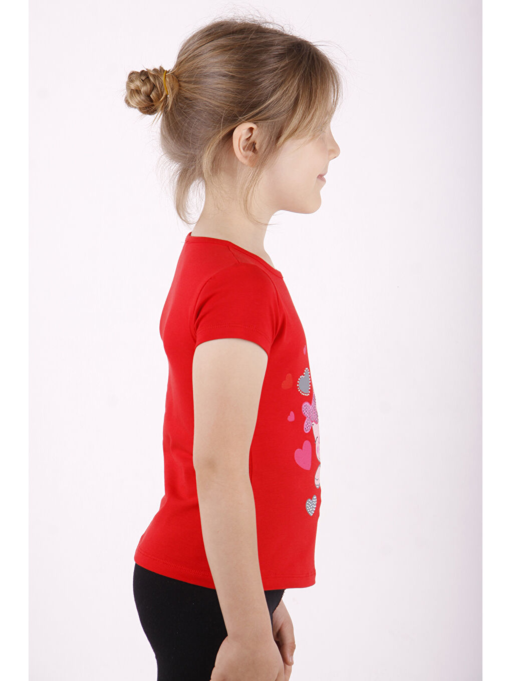 Kırmızı Kız Çocuk Kalpli Tavşan Baskılı Tişört-1