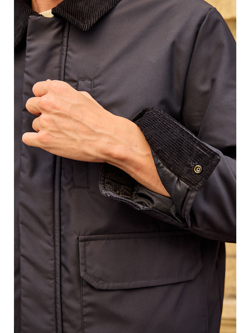 Erkek Kontrast Yakalı Mont Ceket Lacivert-2