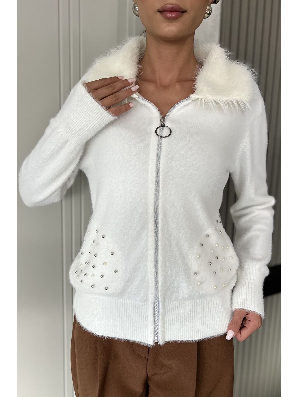 Ekru Cep Boncuklu Şardonlu Triko Ceket (s,m,l,xl Uyumludur)-1