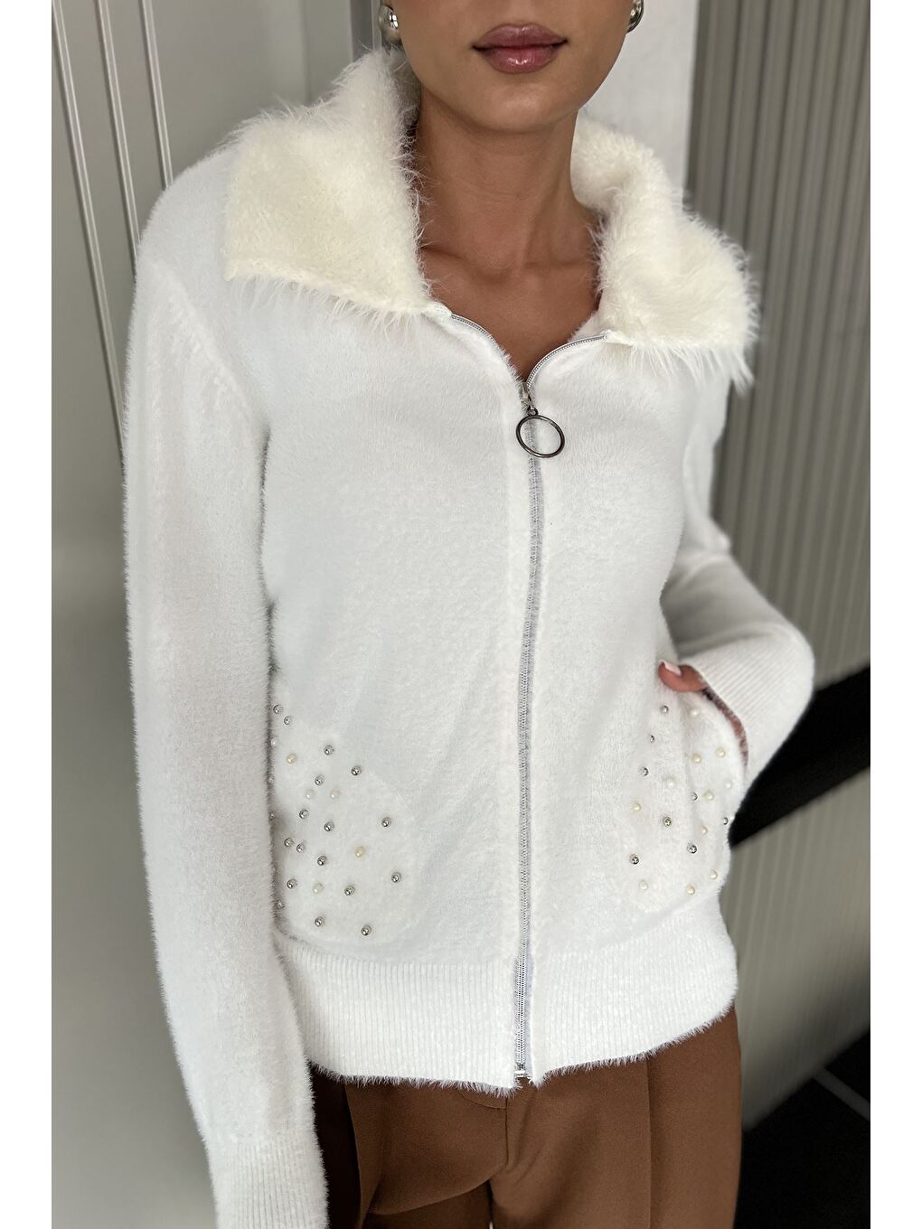 Ekru Cep Boncuklu Şardonlu Triko Ceket (s,m,l,xl Uyumludur)-2