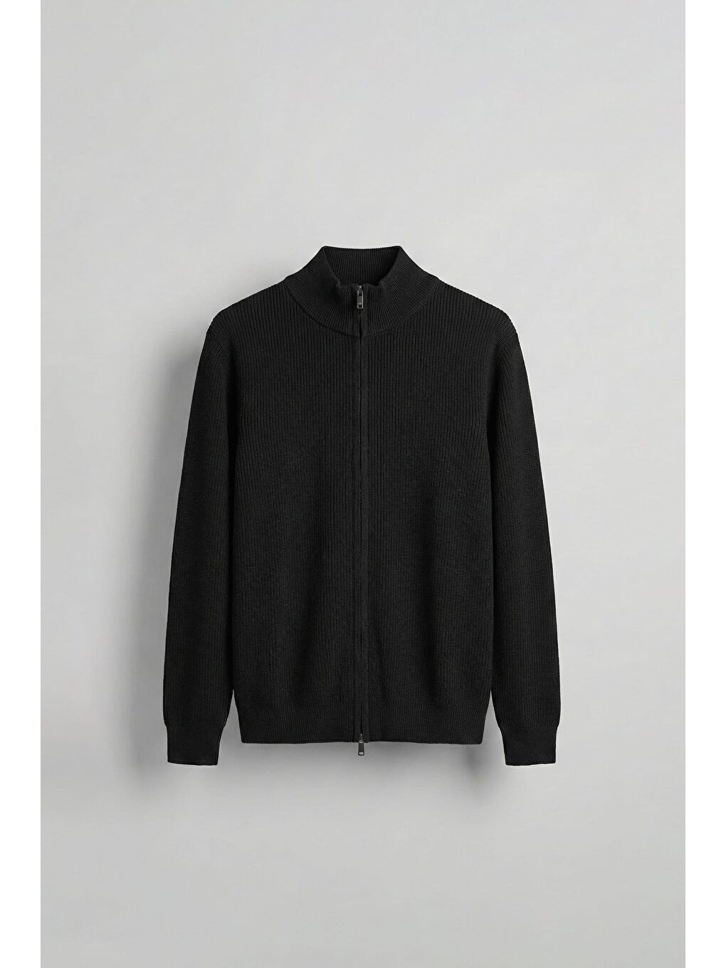 Erkek Slim Fit Fermuarlı Dik Yaka Fitilli Triko Hırka Siyah
