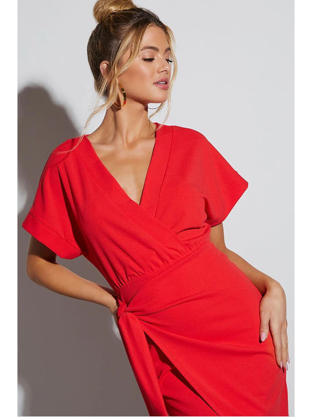 Kadın Kruvaze Yaka Kırmızı Midi Elbise Mg2036-1