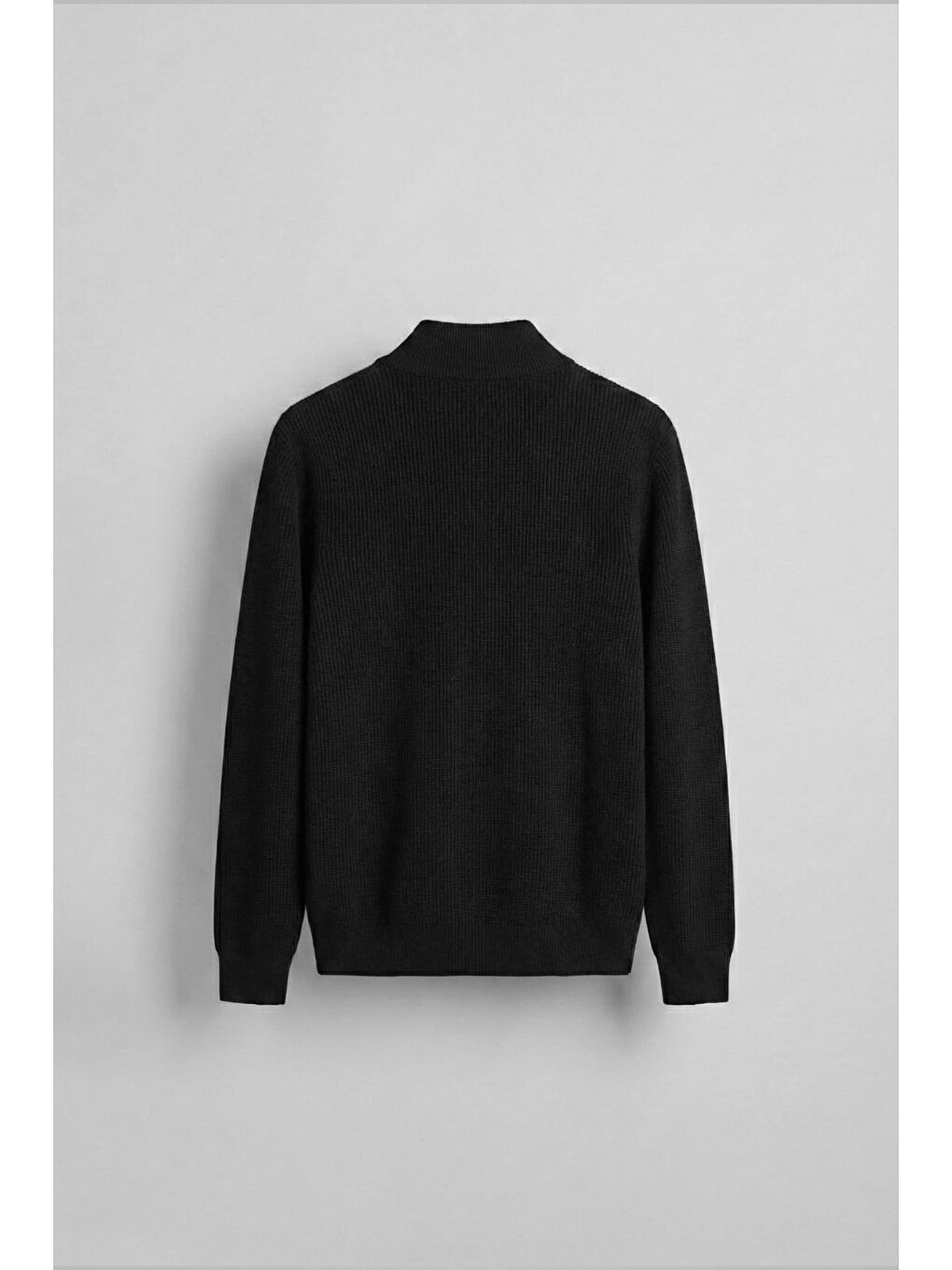 Erkek Slim Fit Fermuarlı Dik Yaka Fitilli Triko Hırka Siyah-1