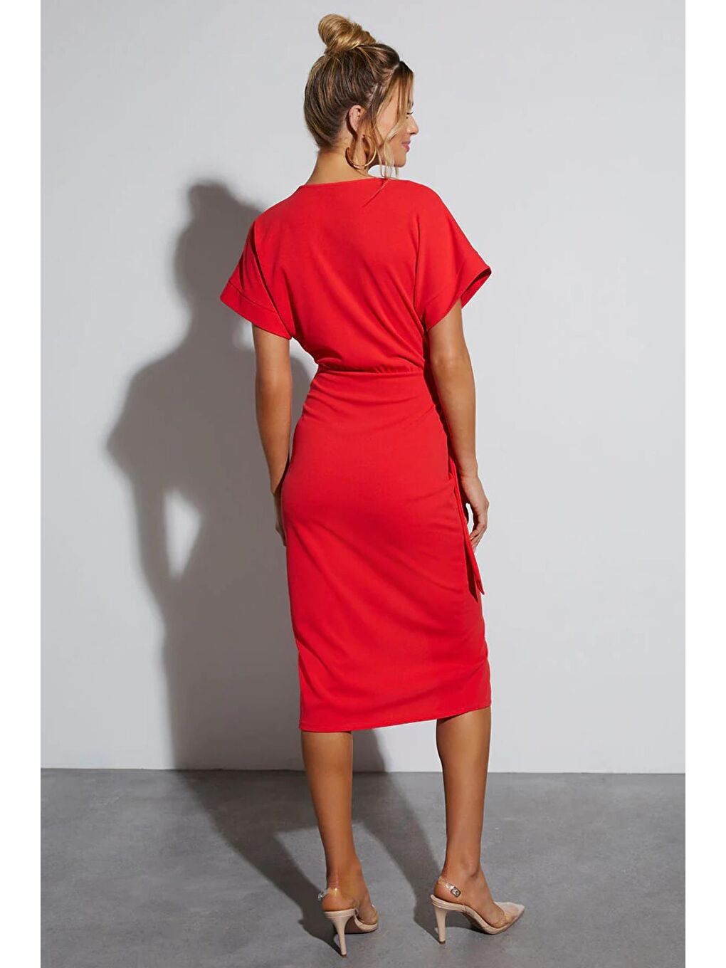 Kadın Kruvaze Yaka Kırmızı Midi Elbise Mg2036-2
