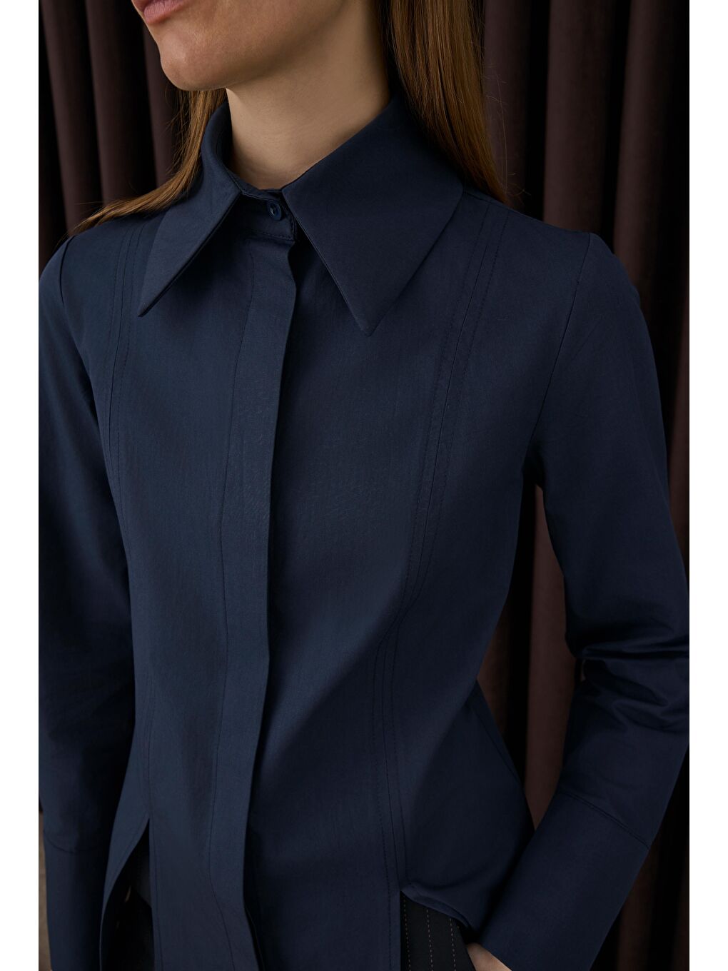 Yırtmaç Detaylı Gömlek Lacivert-3