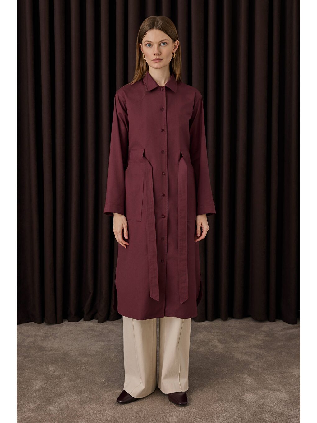 Kemer Detaylı Uzun Gömlek Bordo-1