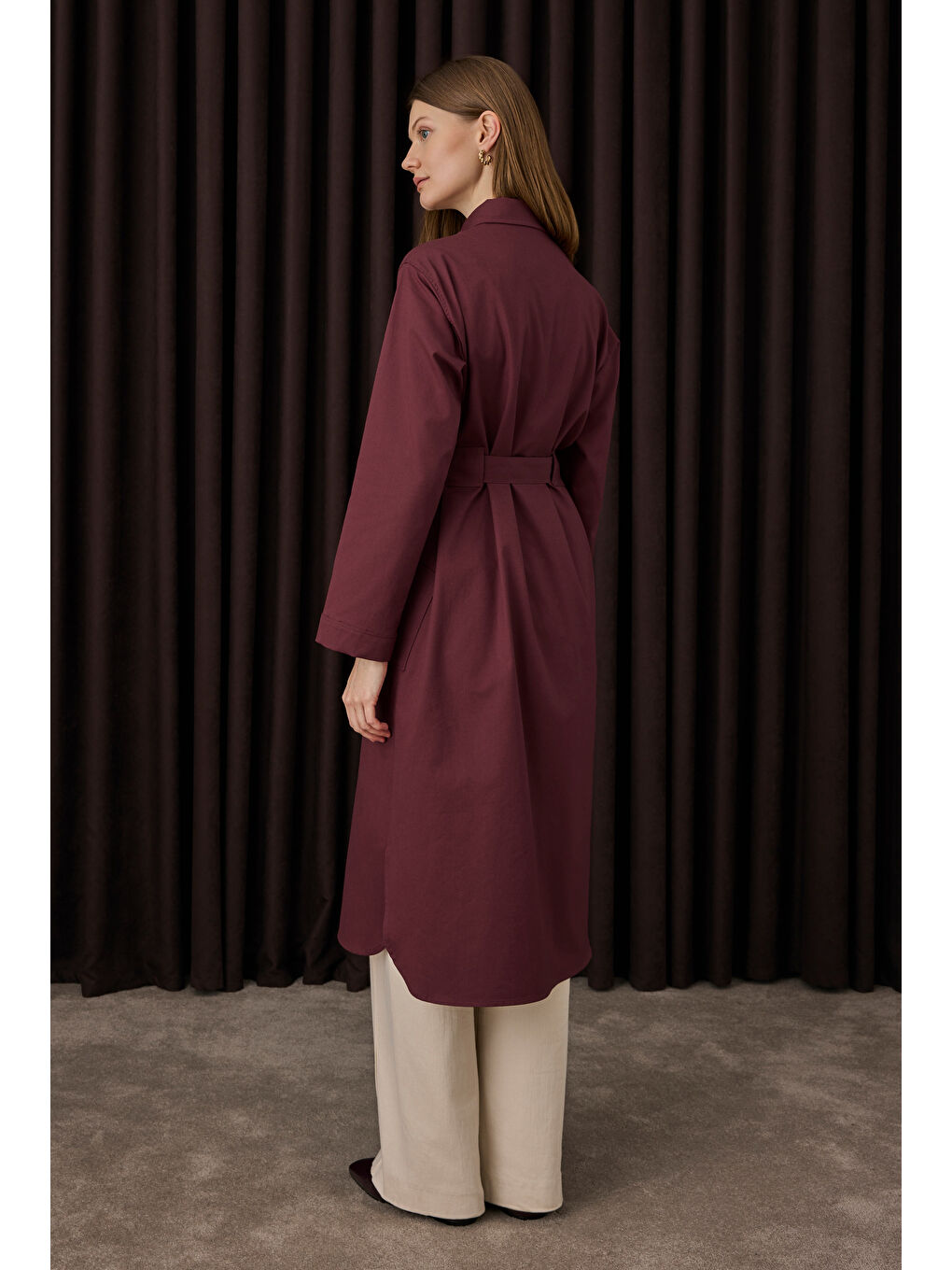 Kemer Detaylı Uzun Gömlek Bordo-2