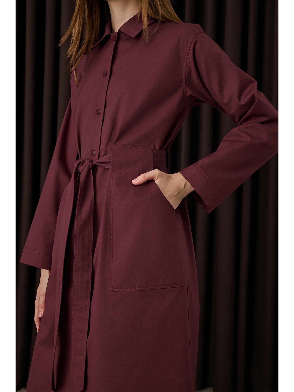 Kemer Detaylı Uzun Gömlek Bordo-3