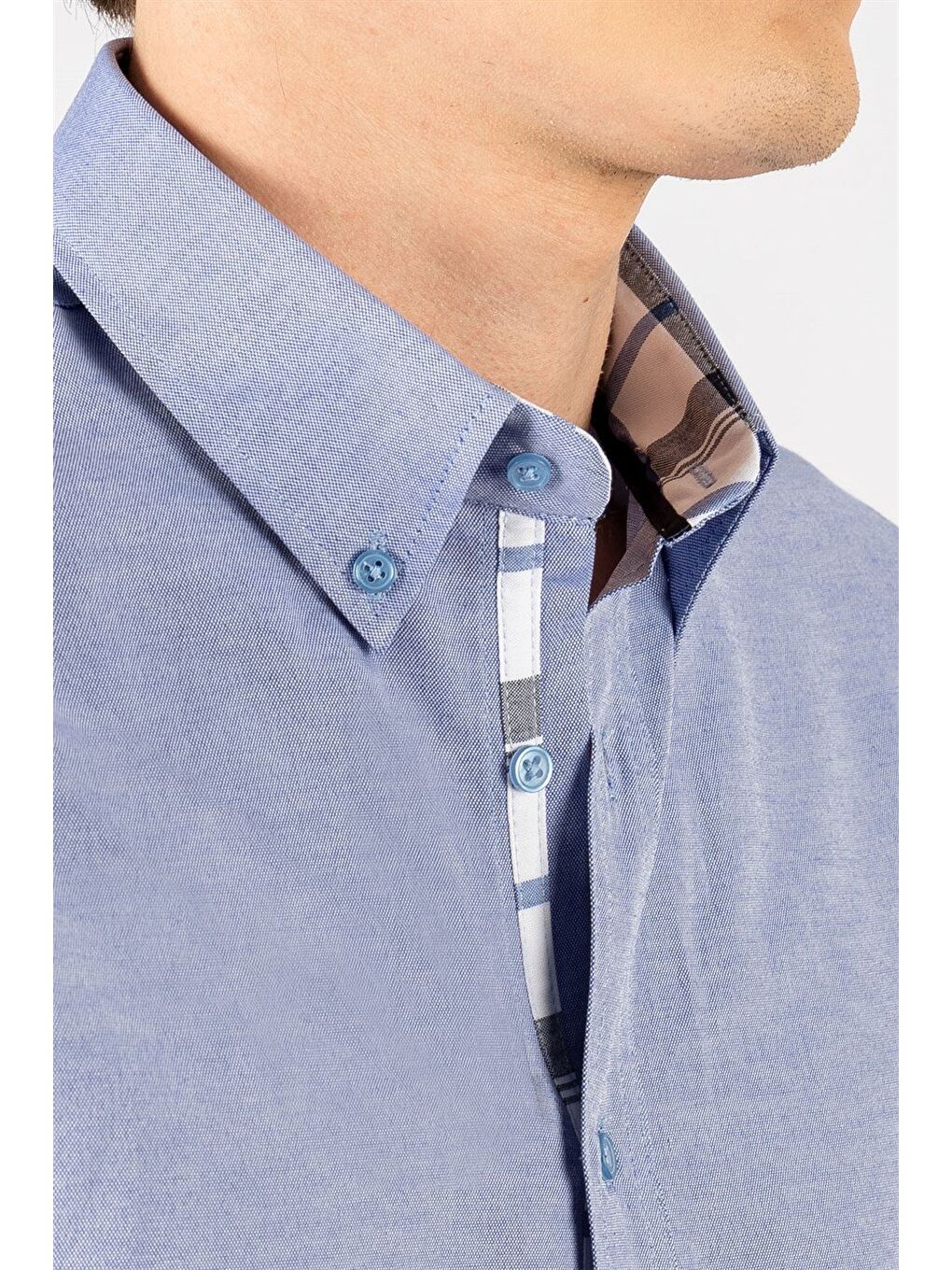 Erkek Slim Fit Dar Kesim Kısa Kollu Pamuklu Oxford Doku Sax Mavi Düğmeli Yaka Gömlek-2