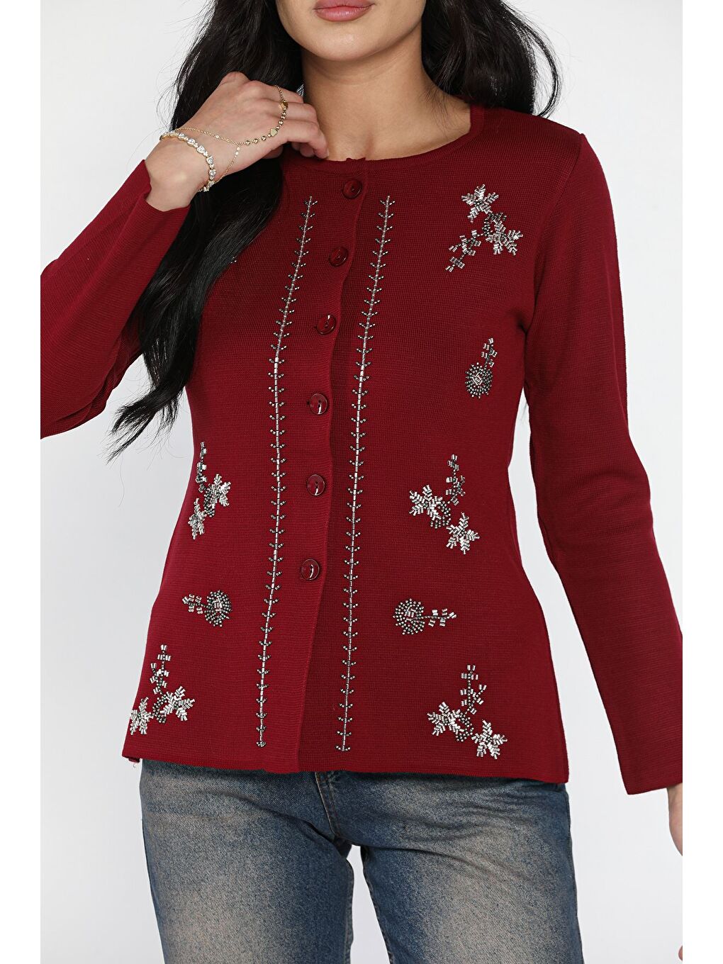 Bordo Taşlı Triko Hırka