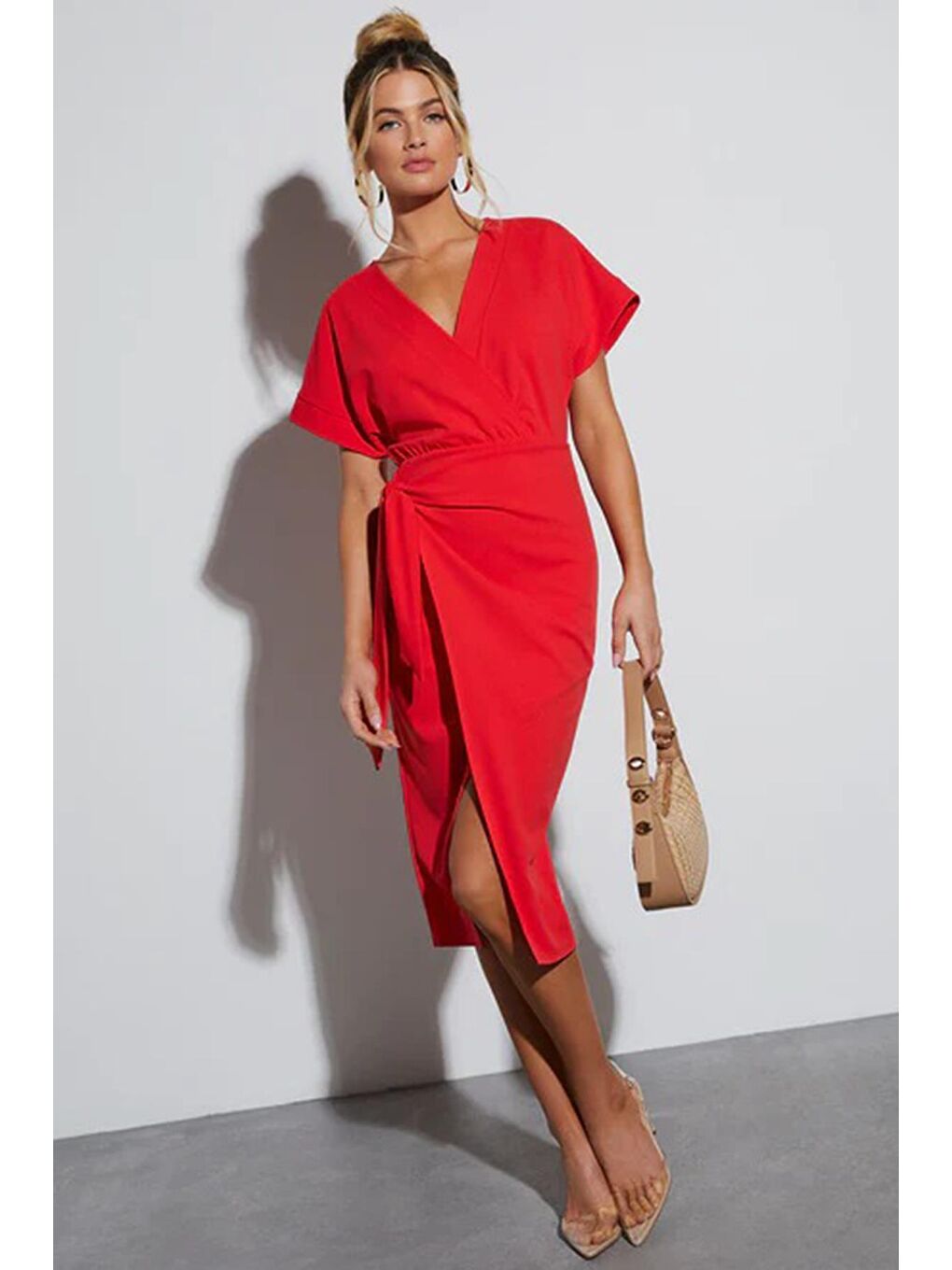 Kadın Kruvaze Yaka Kırmızı Midi Elbise Mg2036-3