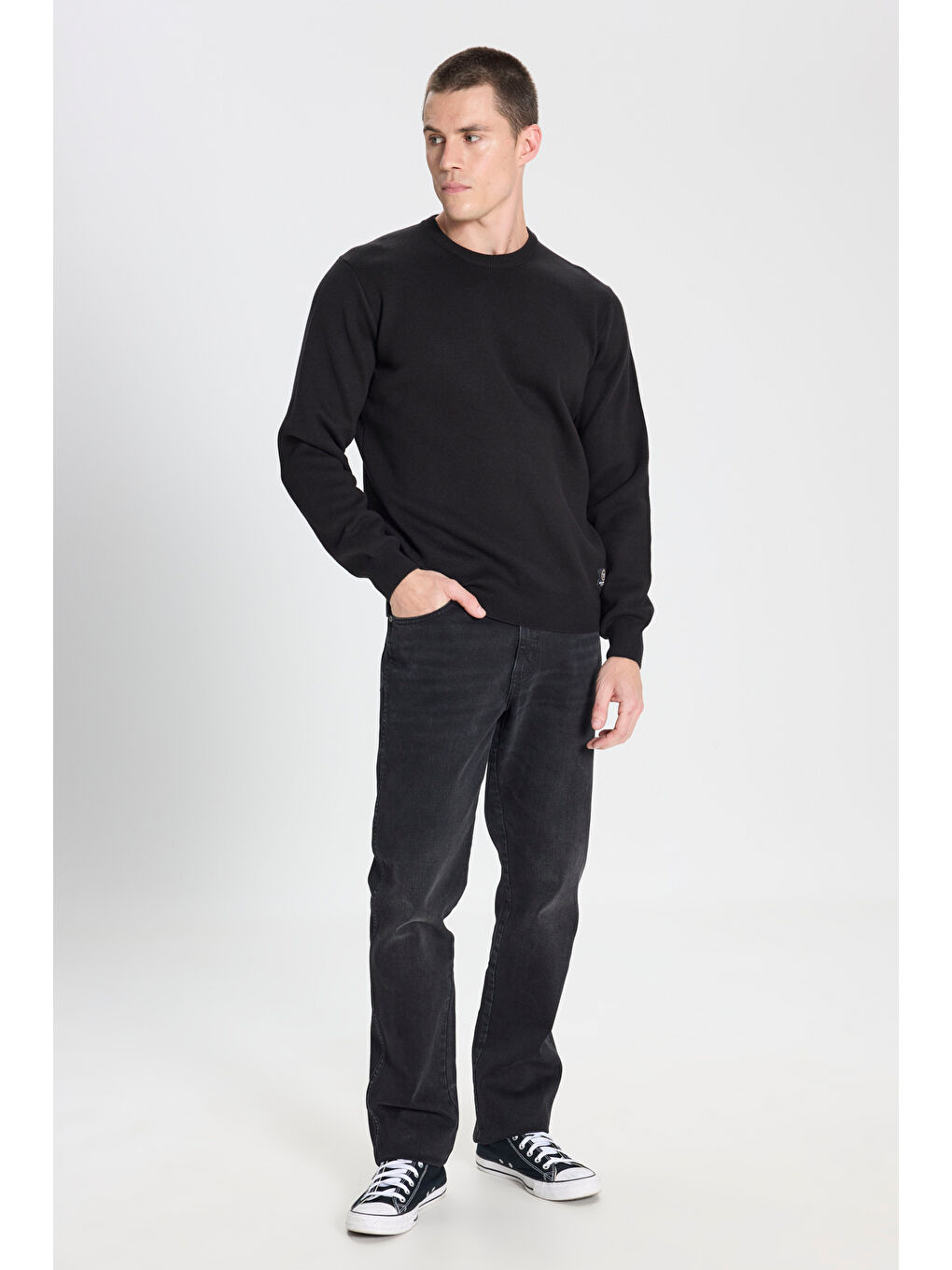 Regular Fit Normal Kesim Bisiklet Yaka Siyah Triko Kazak-2