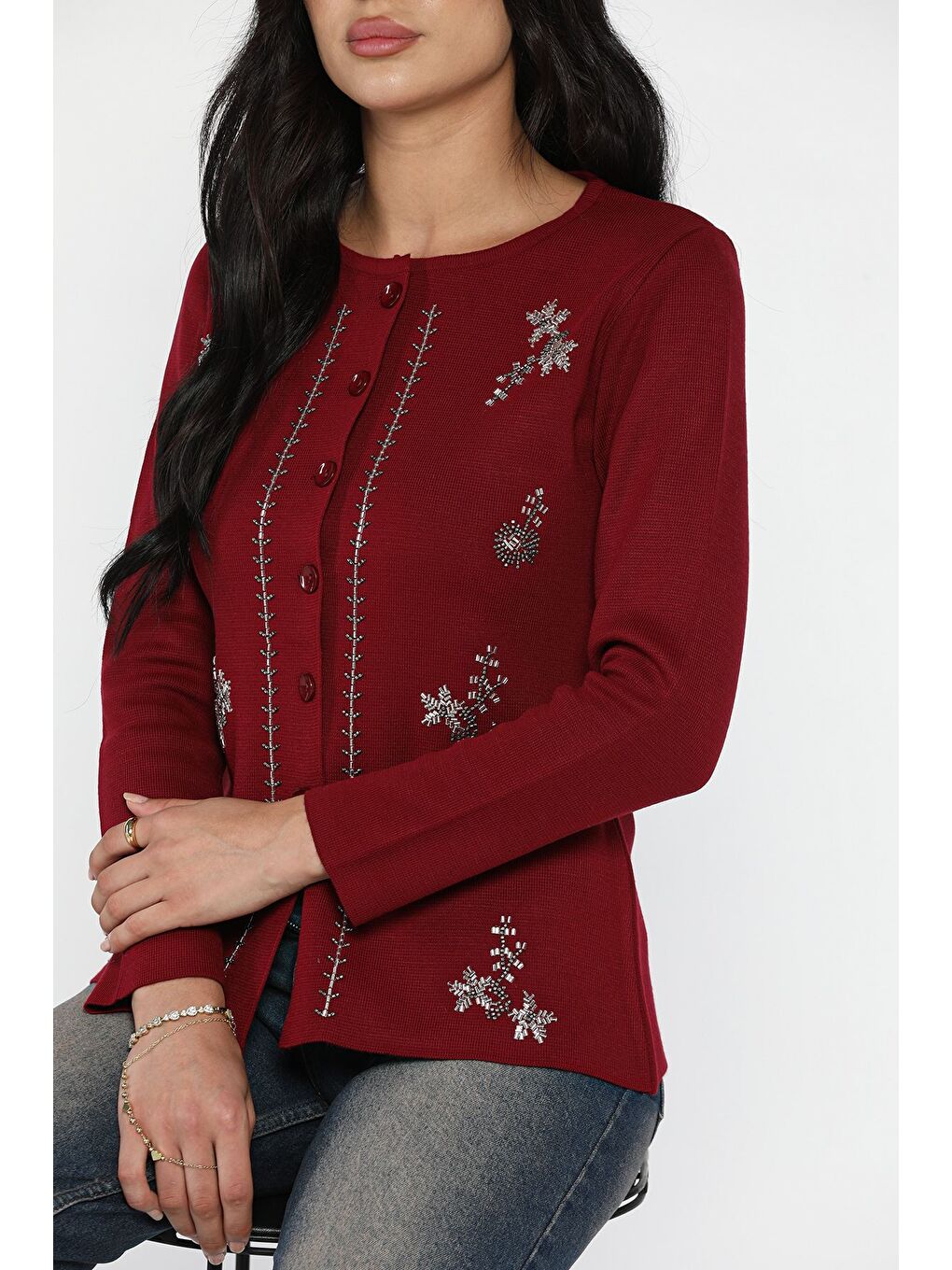 Bordo Taşlı Triko Hırka-1