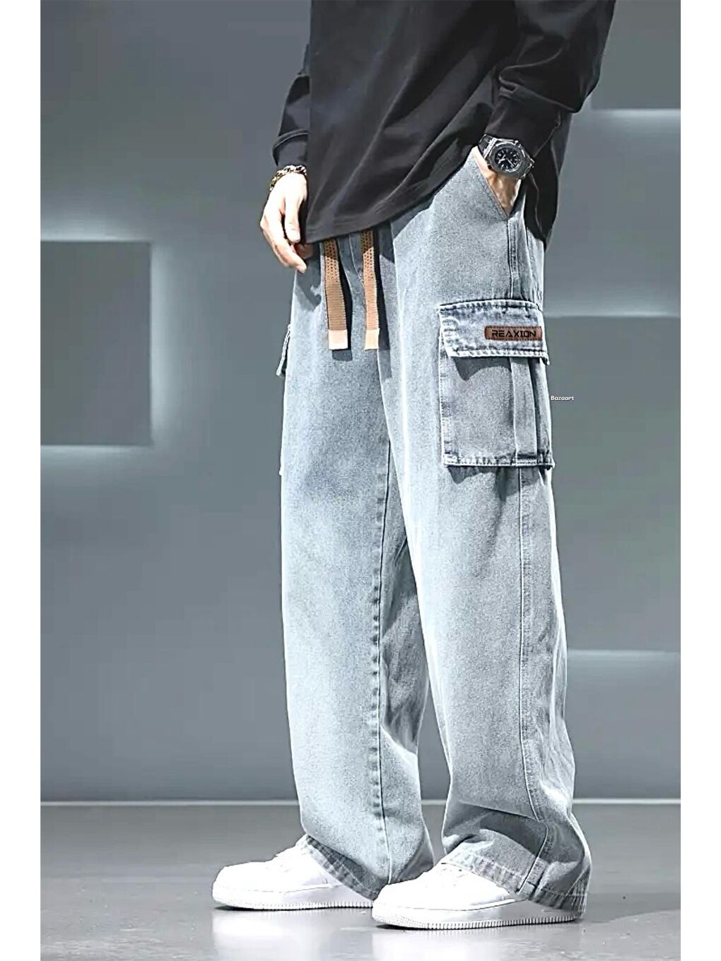 Gri Reax Luiz Beli Lastikli ve İpli Komando Baggy Fit Jean Kargo Pantolon