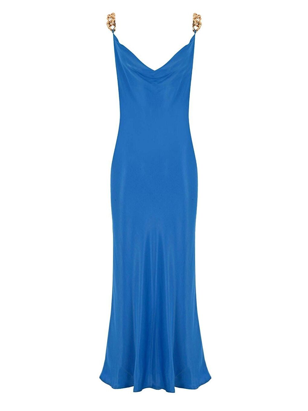 Mavi Zincir Detaylı Ayarlanabilir Askılı V Yaka Saten Abiye Elbise? ?