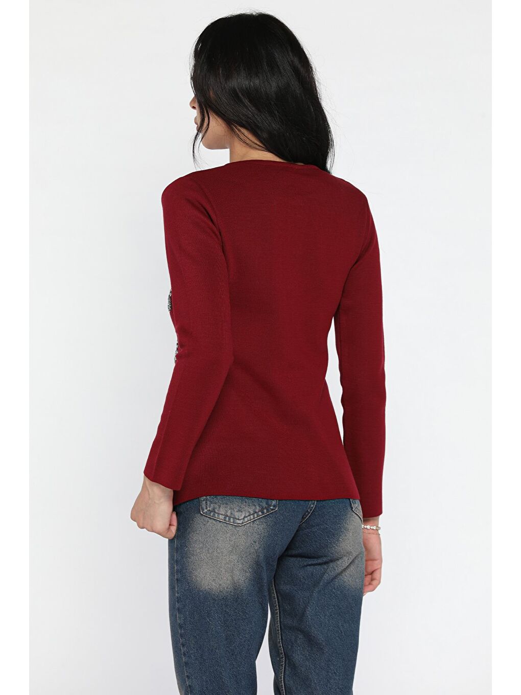 Bordo Taşlı Triko Hırka-2