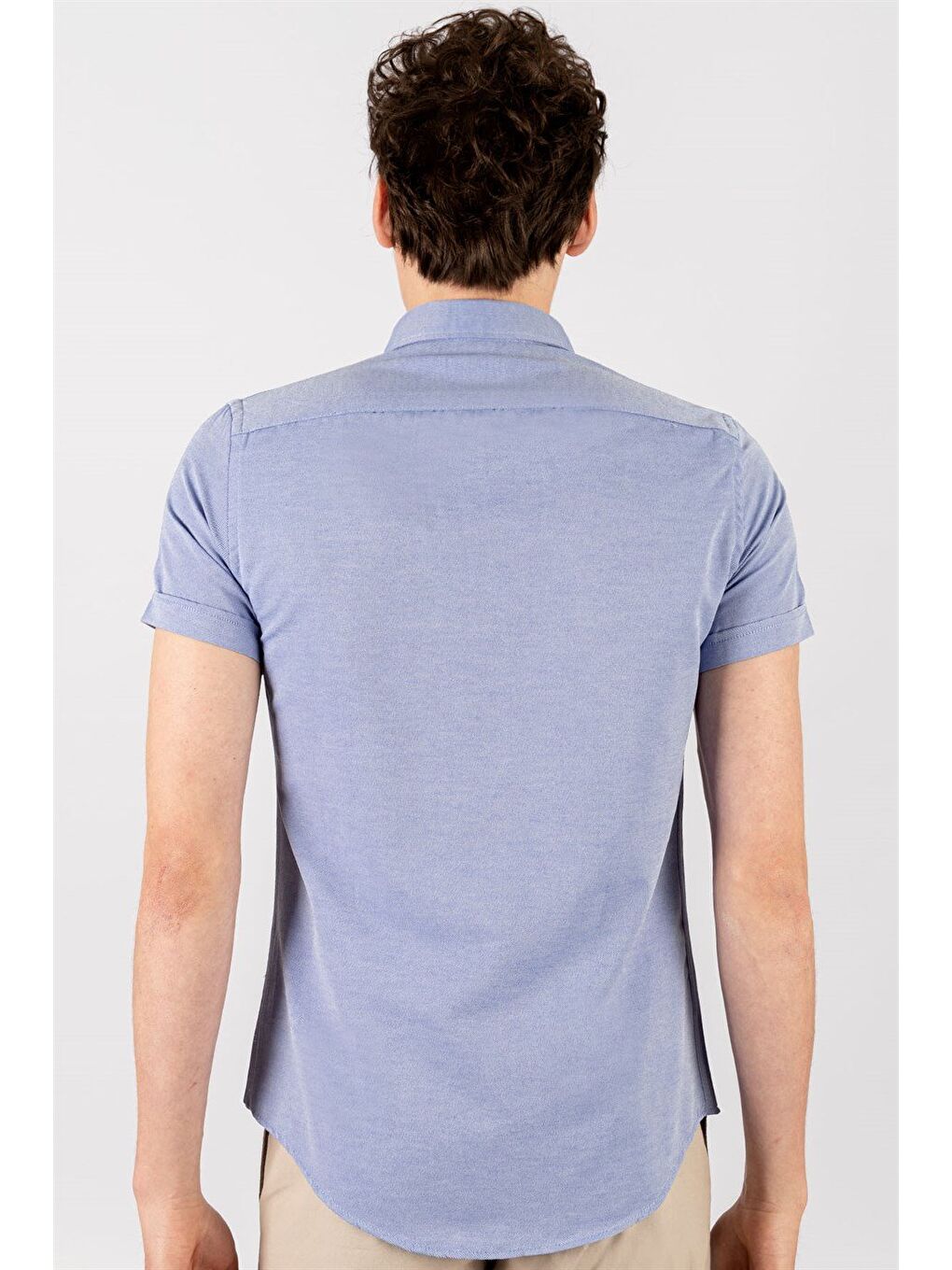 Erkek Slim Fit Dar Kesim Kısa Kollu Pamuklu Oxford Doku Sax Mavi Düğmeli Yaka Gömlek-3