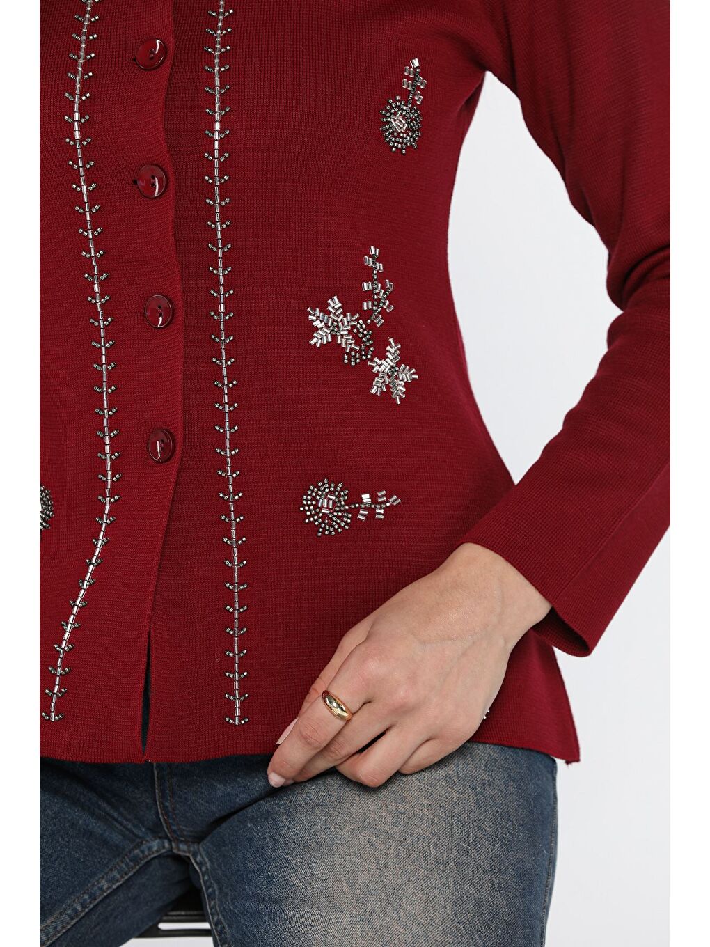 Bordo Taşlı Triko Hırka-3