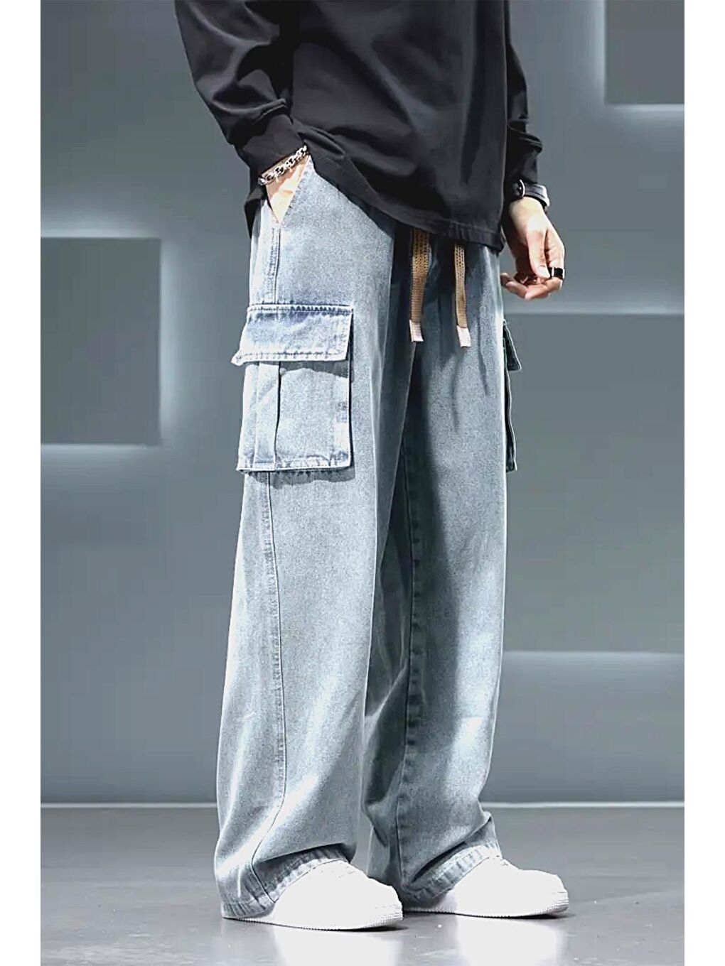 Gri Reax Luiz Beli Lastikli ve İpli Komando Baggy Fit Jean Kargo Pantolon-1