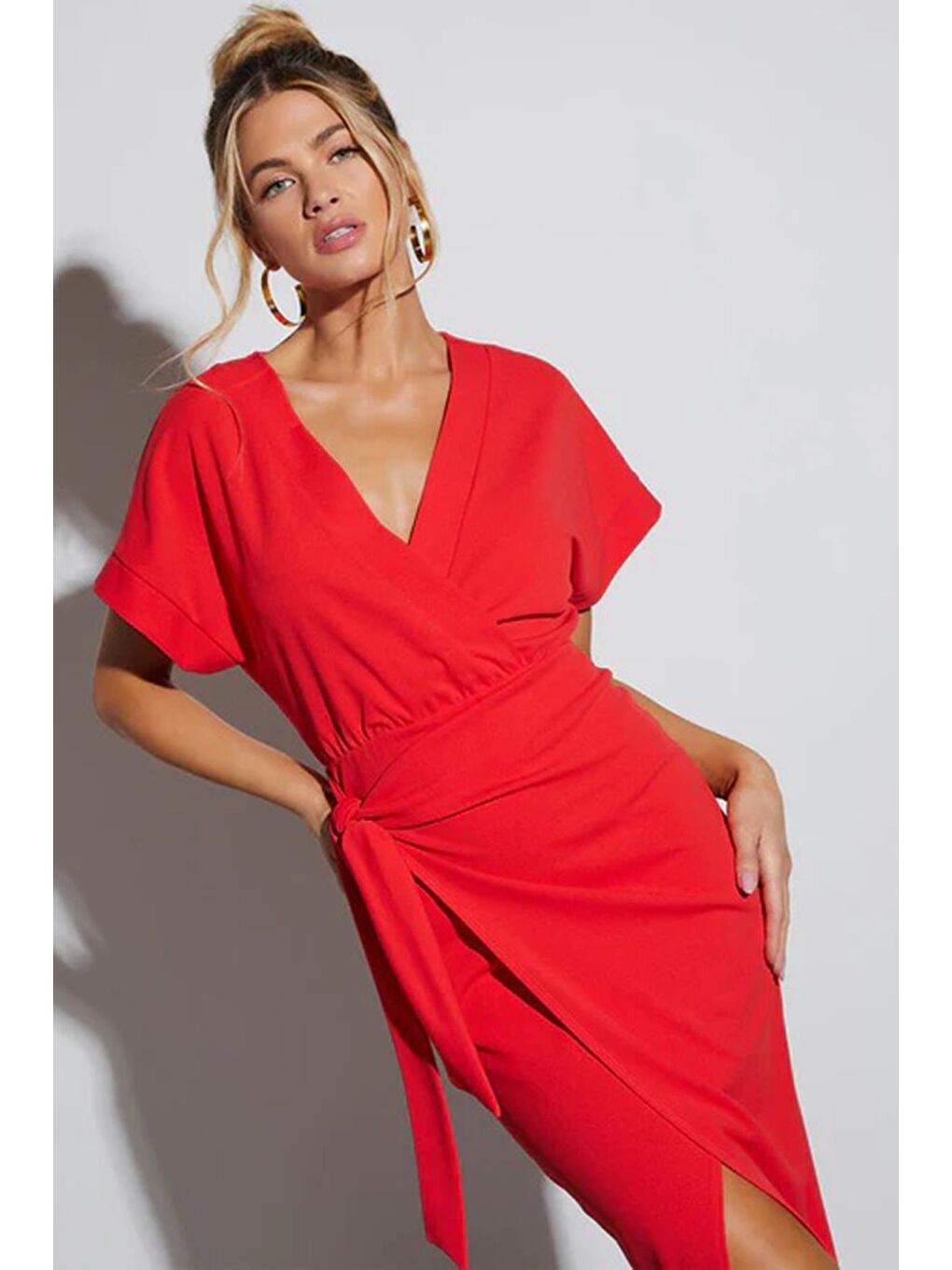 Kadın Kruvaze Yaka Kırmızı Midi Elbise Mg2036-4