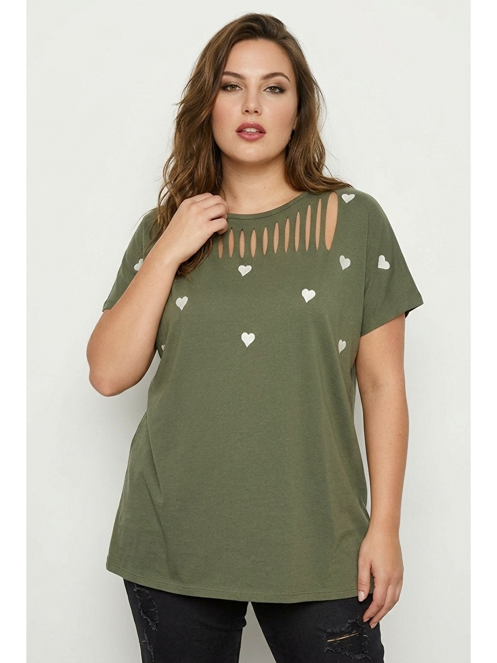 Yeşil Bisiklet Yaka Kısa Kollu Kesik Detaylı Esnek Kumaşlı T-shirt