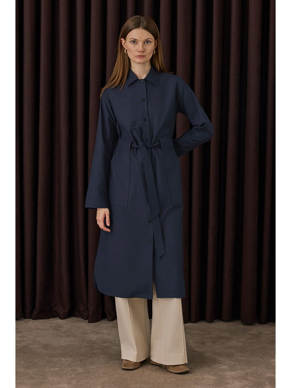 Kemer Detaylı Uzun Gömlek Lacivert