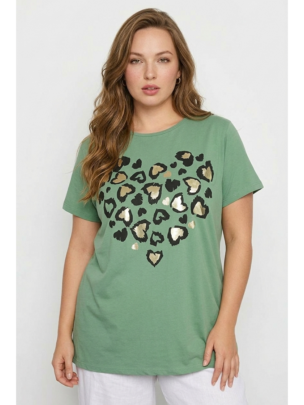 Yeşil Bisiklet Yaka Kısa Kollu Parlak Baskılı Esnek Kumaşlı T-shirt