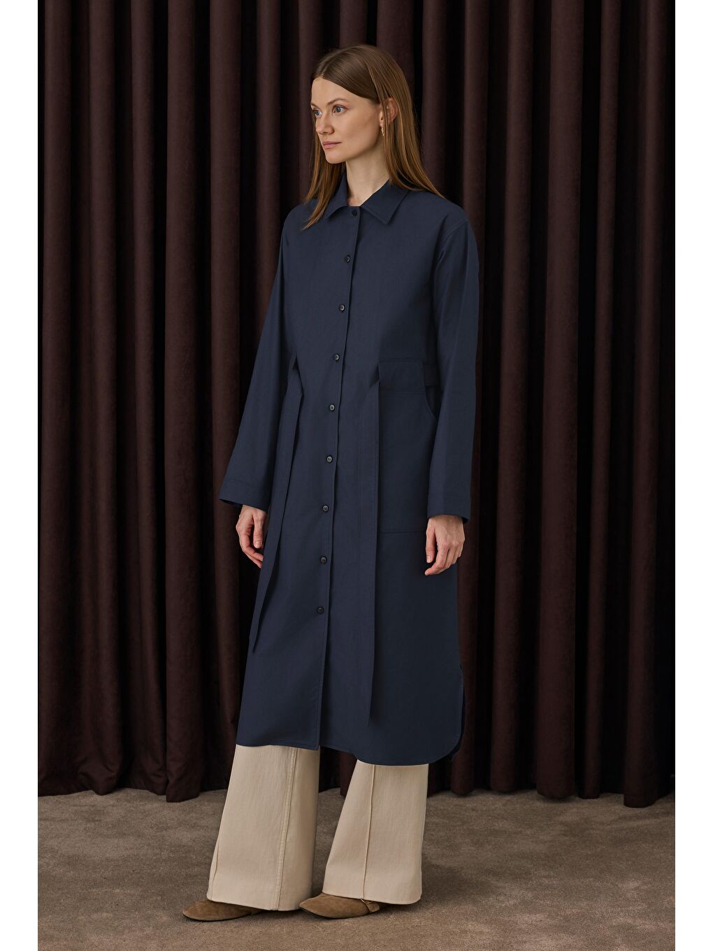 Kemer Detaylı Uzun Gömlek Lacivert-1